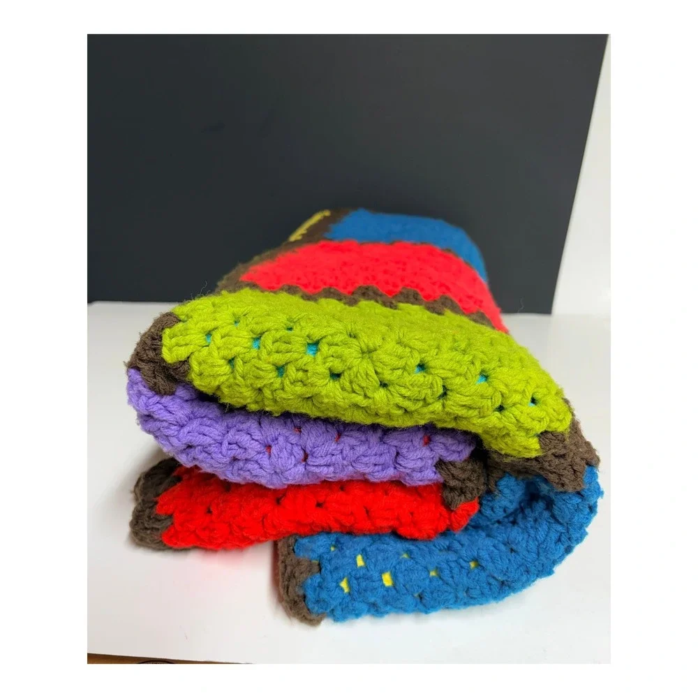Handmade Crochet Granny Square Afghan Blanket Multicolor‎ Rainbow Retro Throw